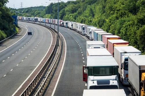 Lorries queue on the M20 motorway in Kent. Photograph: iStock