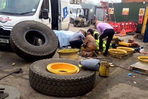 The immediate aftermath after a crane tyre exploded leaving tyre technician, David Ralph with life changing injuries. Photograph: Hull City Council